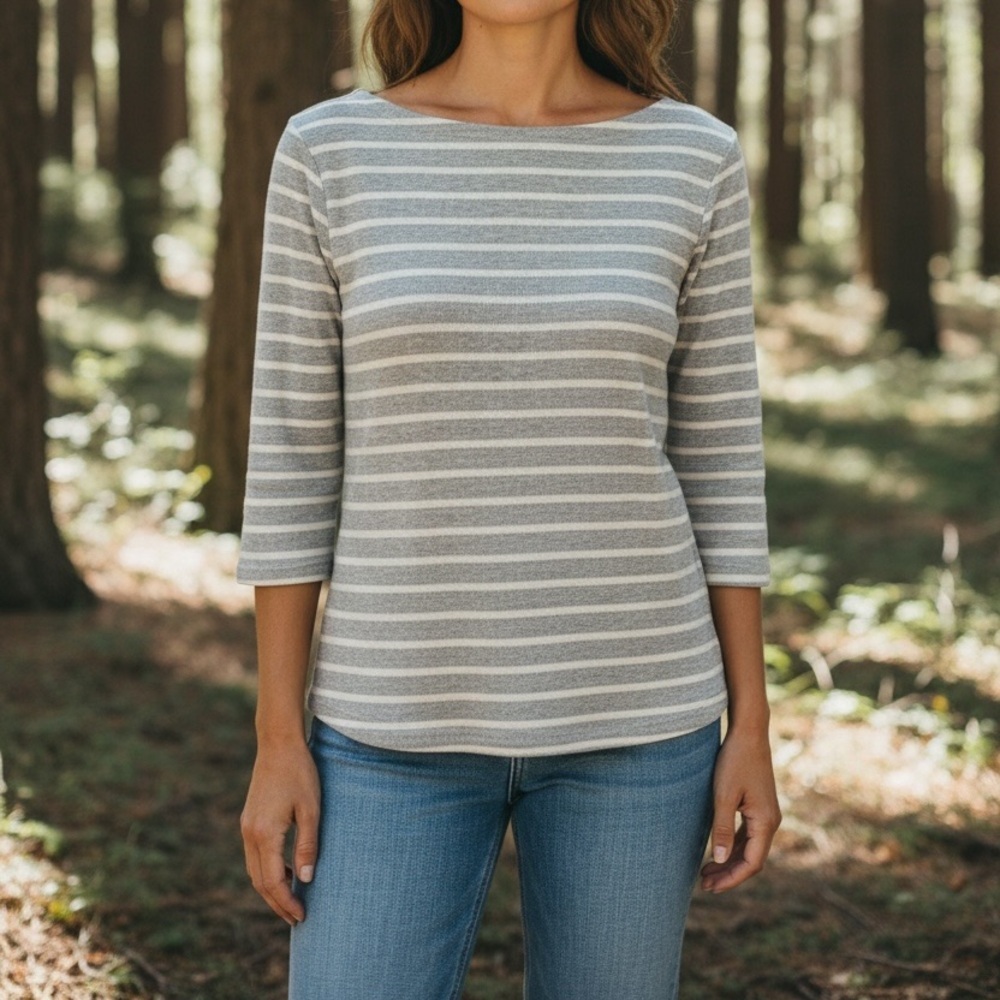 L.L. Bean Women’s Medium Striped Ribbed Knit Top Boat Neck 3/4 Sleeve Classic